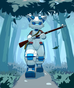 ambiguous_gender anthro detailed_background forest grass gun holding_gun holding_object holding_ranged_weapon holding_weapon kemono leaf martini-henry outside plant ranged_weapon rifle smile solo tree weapon eibvdy domestic_cat felid feline felis mammal robot_anthro hi_res
