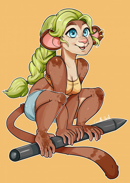 big_ears blue_eyes bottomwear breasts brown_body brown_skin clothing crop_top denim denim_clothing ear_piercing feet female green_hair hair hand_feet monkey_ears open_mouth piercing pink_nose prehensile_feet shirt shorts simple_background solo tablet_pen toes topwear yellow_background corelle-vairel haplorhine mammal monkey primate 2016 hi_res
