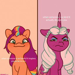 black_eyebrows blonde_mane blue_eyeshadow blue_mane blush closed_frown duo eyebrows eyelashes eyeshadow feathered_wings feathers female female_feral feral folded_wings frown frowning_at_viewer fur furrowed_brow furrowed_eyebrows green_mane happy horn long_mane looking_at_viewer makeup mane miserable mouth_closed multicolored_mane orange_background orange_body orange_eyebrows orange_fur purple_background purple_body purple_fur purple_horn purple_mane purple_wings red_mane scowl simple_background smile smiling_at_viewer teal_eyes text two_tone_mane unicorn_horn white_mane wings wrinkles starburst_uwu hasbro mlp_g5 my_little_pony mythology when_someone_is_so_hateful_it_inspires_you_to_be_kinder opaline_(mlp) sunny_starscout_(mlp) earth_pony equid equine horse mammal mythological_creature mythological_equine pony winged_unicorn 1:1 2024 absurd_res artist_name digital_drawing_(artwork) digital_media_(artwork) english_description english_text flat_colors hi_res meme multiple_scenes