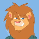 anthro blue_background blue_eyes clothing dreamworks_smirk eyes_closed fangs fur green_clothing green_shirt green_topwear grin hair male mane orange_hair orange_mane shirt simple_background smile smug solo teeth topwear yellow_body yellow_fur dip-chip scratch21 matt_(scratch21) felid lion mammal pantherine 1:1 2023 bust_portrait digital_drawing_(artwork) digital_media_(artwork) portrait signature