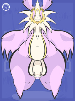 anthro balls floating foreskin genitals male multicolored_body penis ring simple_background simple_eyes slightly_chubby smile solo spread_arms thick_thighs vein veiny_penis wide_hips day74art bandai_namco digimon cherubimon digimon_(species) 3:4 hi_res