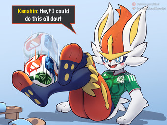anthro asian_clothing ball clothing crossed_legs dialogue east_asian_clothing female footwear geta japanese_clothing mexico paws smile soccer soccer_ball soccer_uniform solo sport sportswear text uniform world_cup conditional_dnp xael_the_artist nintendo pokemon kenshin_the_cinderace cinderace generation_8_pokemon lagomorph leporid mammal pokemon_(species) rabbit 4:3 absurd_res english_text hi_res url