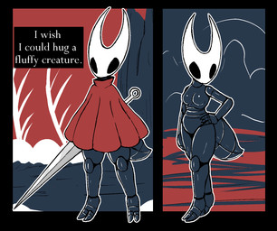 2_horns anthro arthropod_abdomen biped black_body black_eyes cloak clothed clothing empty_eyes female hand_on_hip horn melee_weapon red_cloak red_clothing solo standing text text_box weapon white_text lizardfungus hollow_knight_(franchise) team_cherry hornet_(hollow_knight) arthropod 2026 english_text hi_res