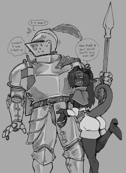 armor bodily_fluids bottomwear breasts butt clothed clothed_female clothed_male clothing drooling duo female fingers gloves grey_background hair hand_on_another's_crotch hand_on_crotch handwear headgear helmet holding_melee_weapon holding_object holding_polearm holding_spear holding_weapon humanoid_pointy_ears knight knight_armor knight_helmet male male/female male_human melee_weapon nervous nervous_sweat pointy_ears polearm raised_foot saliva simple_background spear speech_bubble suggestive sweat tail text warrior weapon beamerbruh human mammal 2025 absurd_res digital_media_(artwork) english_text hi_res monochrome