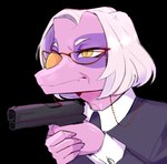 5_fingers anthro elderly elderly_anthro elderly_female eyelashes eyewear female fingers glasses grey_hair gun hair handgun holding_gun holding_object holding_ranged_weapon holding_weapon mature_anthro mature_female pistol purple_body purple_scales ranged_weapon scales short_hair simple_background snout solo transparent_background weapon yellow_eyes jazzelart goodbye_volcano_high mrs._roberts_(gvh) ceratosaurid ceratosaurus dinosaur prehistoric_species reptile scalie theropod 2024 alpha_channel digital_drawing_(artwork) digital_media_(artwork) reaction_image