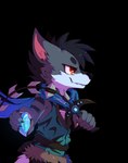 absurd_res anthro black_hair canid canine chain_sword clothed clothing elemental_creature firedog firestone fur grey_body grey_fur hair hi_res invalid_tag luxuria male mammal melee_weapon orange_eyes padded_palms pawpads paws pink_pawpads razor_(razim) razor_the_firedog stripes sword tail weapon