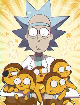 blue_collar clothing coat collar elderly_male eye_patch eyewear group lab_coat looking_down male red_collar topwear mitou_ralka adult_swim cartoon_network rick_and_morty morty_smith rick_sanchez canid canine canis domestic_dog human mammal hi_res