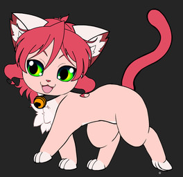 bell bell_collar chest_tuft collar cute_fangs fangs female feral fur green_eyes grey_background hair inner_ear_fluff paws pink_body pink_fur pink_hair pink_tail raised_tail simple_background solo tail teeth thin_tail tuft wavy_tail urielmanx7 spacescape_(game) mitsuko_(spacescape) domestic_cat felid feline felis mammal 2020 full-length_portrait portrait