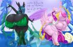 anthro areola belly big_breasts breasts clothing dialogue duo female horn huge_breasts hyper hyper_breasts nipple_outline nipples obese overweight text wings blues64 lesang friendship_is_magic hasbro my_little_pony mythology princess_cadance_(mlp) queen_chrysalis_(mlp) arthropod changeling equid equine mammal mythological_creature mythological_equine winged_unicorn 2019 absurd_res english_text hi_res signature