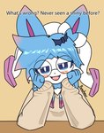 accessory anthro blue_eyes blue_hair blush bow_(anatomy) clothed clothing eyewear female front_view fur glasses hair hair_accessory hair_bow_(anatomy) looking_at_viewer neck_bow_(anatomy) paws pink_hair_tips raised_paw ribbons_(anatomy) simple_background smug_expression solo text wearing_glasses white_body punchew nintendo pokemon seitzu_(punchew) eeveelution generation_6_pokemon pokemon_(species) shiny_pokemon sylveon absurd_res half-length_portrait hi_res portrait