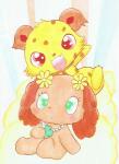 anthro blush clover_(plant) duo eyelashes female flower fur green_eyes jewelry male necklace open_mouth plant red_eyes simple_background spots yellow_body yellow_fur furari@ jewelpet sanrio sega sega_fave jasper_(jewelpet) prase_(jewelpet) canid canine canis cheetah domestic_dog felid feline mammal hi_res