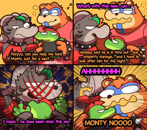 anthro attack bracelet claws clothed clothing collar dialogue ellipsis emanata eyes_closed facial_markings female fur grammatical_error group hair head_markings holding_character humor jewelry long_hair machine male markings mohawk motion_lines narrowed_eyes open_mouth question_mark scar scratches screaming shirt shoulder_pads size_difference sleeping sound_effects spiked_bracelet spiked_collar spikes surprised text tired topwear trio tuft vowelless vowelless_sound_effect yelling zzz strauburi five_nights_at_freddy's five_nights_at_freddy's:_security_breach scottgames steel_wool_studios glamrock_freddy montgomery_gator roxanne_wolf alligator alligatorid animatronic bear canid canine canis crocodilian mammal reptile robot scalie wolf 2022 comic digital_media_(artwork) english_text hi_res multiple_scenes