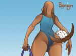 anthro ball brown_body brown_fur bulge clothing fur low-angle_view male one-piece_swimsuit outside solo sport sport_swimsuit swimwear volleyball volleyball_(ball) benign_light basset_hound canid canine canis domestic_dog hunting_dog mammal scent_hound 4:3 signature