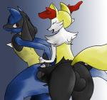 absurd_res anal anthro anus balls braixen canid canine duo generation_4_pokemon generation_6_pokemon genitals hi_res looking_back lucario male male/male mammal nintendo open_mouth otterjunk pokemon pokemon_(species) tail