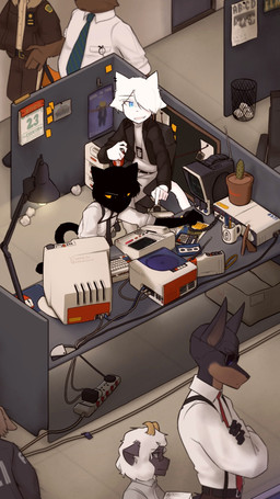belt black_body black_clothing black_hair black_jacket black_necktie black_topwear blue_eyes board bottomwear box busy cable cactus calculator calendar cardboard cardboard_box cassette_tape clothing computer computer_mouse container crossed_arms cubicle cup duo electronics extension_cord eyewear fax_machine game_system gesture glasses group hair hand_gesture jacket keyboard lamp machine male male/male motivational_poster mouse_pad mug necktie office outlet pants paper paper_ball pen_(object) plant plant_pot plug pointing police_badge post-it_note potted_plant printer radio red_necktie rolled_up_sleeves shirt sunglasses talking_to_another topwear trash_can white_body white_bottomwear white_clothing white_hair white_pants white_shirt white_topwear working yellow_eyes dullanboi gamecube nintendo kiran_mann_(dullanboi) ming_yue_chen_(dullanboi) bear bovid canid canine canis caprine dobermann domestic_dog felid feline goat humanoid mammal pinscher 9:16 hi_res
