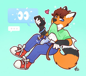 ambiguous_gender anthro belt black_body black_ear_tips black_fur black_nose black_tail blue_bottomwear blue_bracelet blue_clothing blue_jeans blue_pants bodily_fluids bottomwear bracelet brown_belt clean_diaper clothed clothing clothing_lift denim denim_bottomwear denim_clothing diaper dipstick_ears dipstick_tail ear_markings electronics ellipsis emoji fingerless_(marking) fingerless_gloves_(marking) floating flying_sweatdrops footwear fur gloves_(marking) green_background green_clothing green_shirt green_topwear hair heart_symbol holding_object holding_phone jeans jewelry markings multicolored_body multicolored_ears multicolored_fur multicolored_tail orange_body orange_fur orange_tail pants phone red_hair removing_pants shirt shirt_in_mouth shirt_lift shoes simple_background sneakers solo sparkles sweat sweatdrop tail tail_markings taking_off_pants texting topwear undressing_self wearing_diaper white_body white_fingers white_fur white_inner_ear white_tail white_tail_tip spacefluuuf abena rye_(ominousfurry210) canid canine fox mammal 2020 signature