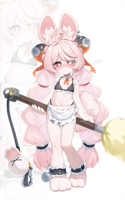 3_toes ahoge anklet anthro barefoot black_clothing blush braided_pigtails clothed clothed_anthro clothed_female clothing ear_piercing ear_ring feet female flat_chested fur hair inner_ear_fluff jewelry maid_bikini paws piercing pink_body pink_fur pink_hair red_eyes ring_piercing simple_background solo toes tuft white_background young young_anthro young_female cocokawa7 mihoyo zenless_zone_zero zhao_(zenless_zone_zero) lagomorph leporid mammal rabbit thiren 2026 full-length_portrait hi_res portrait adult_(lore)