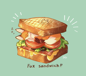 ambiguous_gender bacon blue_background bread brown_body brown_fur cheese dairy_products dipstick_tail emanata eyes_closed feet feral food fruit fur happy kemono leg_markings lettuce markings meat olive_(fruit) orange_body orange_fur pawpads paws plant sandwich_(food) simple_background sleeping smile socks_(marking) solo sound_effects tail tail_markings text toast toes tomato vegetable vowelless vowelless_sound_effect white_body white_fur zzz shiramafu canid canine fox mammal 2023 absurd_res digital_media_(artwork) english_text hi_res signature