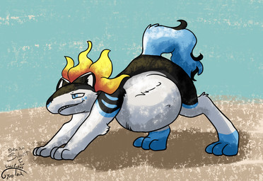 abdominal_bulge after_vore blue_eyes countershading feral feral_pred larger_pred male male_pred quadruped size_difference vore weight_gain gyrotech silent_e nintendo pokemon fan_character generation_2_pokemon pokemon_(species) typhlosion