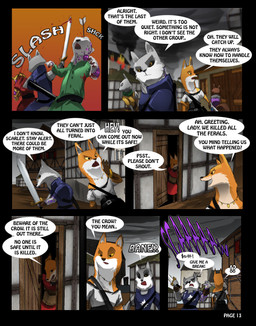 anthro armor arrow_(weapon) baldric belt blood bodily_fluids bow_(weapon) building clothed clothing death dialogue door doorway exclamation_point female fire grawlixes house infection interrobang jewelry male melee_weapon necklace question_mark ranged_weapon smoke sword text weapon purpleground02 armello league_of_geeks fan_character scarlet_(armello) thane_(armello) canid canine canis fox mammal wolf 2016 absurd_res comic digital_media_(artwork) english_text hi_res