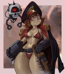 alternate_costume anthro armor astra_militarum bikini bone breasts camel_toe chain_sword chainsword chaos_undivided clothing coat commissar cosplay crossover_cosplay female gauntlets gloves handwear hat headgear headwear imperial_guard mechanical_arm medium_breasts military military_cap military_uniform navel organs scene_parody servo_skull simple_background skull solo standing stomach swimwear thick_thighs topwear two-piece_swimsuit uniform wrist_gun acupa gameoverse glitch_productions warhammer_(franchise) warhammer_40000 ciaphas_cain kaboodle_(gameoverse) kit_bodega domestic_cat felid feline felis mammal absurd_res crossover hi_res