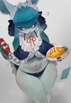 anthro anthrofied big_breasts blue_body blush breasts clothed clothing female food fur holowear_(pokemon) ketchup looking_at_viewer maid_uniform panties pokemorph simple_background solo underwear uniform yuio nintendo pokemon pokemon_unite tea_party_style_glaceon eeveelution generation_4_pokemon glaceon mammal pokemon_(species) absurd_res hi_res shaded