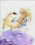 bed blonde_hair blue_clothing blue_shirt blue_topwear clothing duo female furniture hair lying male male/female pillow purple_blanket red_eyes shirt simple_background topwear lady_owl heather_(lady_owl) neelix_(character) alien human mammal