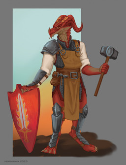 anthro armor claws clothed clothing hammer headgear holding_object horn male melee_weapon red_body red_scales scales shield simple_background solo tools weapon mordorinka kobold scalie digital_media_(artwork) hi_res