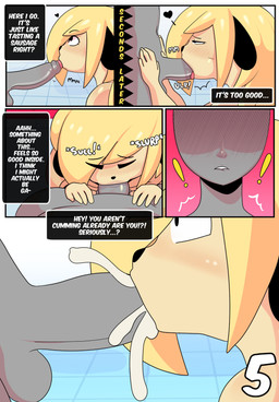 big_penis blonde_hair blush bodily_fluids butt clothing cum cum_in_mouth cum_inside dialogue duo erection fellatio femboy foreskin genital_fluids genitals hair heart_symbol locker_room male male/male on_ground oral penile penis premature_ejaculation sex swimming_pool swimwear tail tail_motion tailwag text text_box water somescrub parappa_the_rapper sony_corporation sony_interactive_entertainment anon parappa parappa_the_trappa canid canine human mammal absurd_res comic english_text hi_res