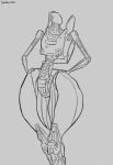 female hands_on_hips machine not_furry solo standing thick_thighs wide_hips saidra robo_recall fast_bot robot hi_res monochrome