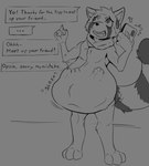 andromorph anthro belly big_belly calling cellphone clothing electronics fur intersex male mistake oral_vore phone sloshing_belly smile soft_vore solo speech_bubble tail text vore keymzx ailurid mammal red_panda english_text hi_res monochrome sketch