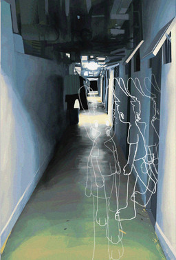 3_toes abstract_art anthro biped clothed clothed_anthro clothed_male clothing detailed_background doorway feet hallway inside long_ears male male_anthro plantigrade shirt solo toes topwear walking 1537639 lagomorph leporid mammal rabbit 2022 absurd_res digital_media_(artwork) hi_res