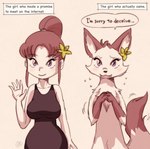 2019 anthro big_breasts breasts canid canine catfishing clothed clothing dialogue duo english_text female flower fox gesture hair hi_res human mammal melonleaf nude plant purple_eyes red_hair simple_background smile standing text third-party_edit waving worried