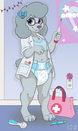 accessory anthro bow_ribbon braces camisole candy clothing coat dessert diaper doctor's_bag doctor_outfit eyewear female folded_diaper food glasses hair_accessory hair_bow hair_ribbon lab_coat lollipop looking_at_viewer night_light pattern_diaper playing_doctor poster ribbons scientific_instrument smile solo string_lights syringe thermometer topwear toy stargal_galexi chloe_couture canid canine canis domestic_dog mammal poodle full-length_portrait hi_res portrait