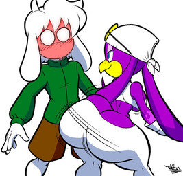 anthro big_butt blush bottomwear brown_bottomwear brown_clothing brown_shorts butt clothed clothing crop_top duo feathers female fur gloves green_clothing green_jacket green_topwear handwear jacket male purple_body purple_feathers shirt shorts simple_background topwear twerking white_background white_body white_clothing white_fur white_gloves white_handwear tansau sega sonic_riders sonic_the_hedgehog_(series) chevre_(vanillabeangoat) wave_the_swallow avian bird bovid caprine goat hirundinid mammal oscine passerine swallow_(bird)