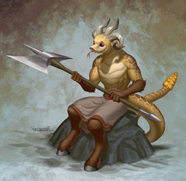 anthro belt bottomwear brown_body brown_fur brown_scales clothed clothing forked_tongue fur halberd holding_halberd holding_melee_weapon holding_object holding_polearm holding_weapon hooves horn male melee_weapon muscular muscular_male on_rock polearm rock scales simple_background sitting sitting_on_rock skirt smile solo tail tongue tongue_out topless topless_male weapon vanharmontt reptile scalie snake 2023 absurd_res digital_media_(artwork) hi_res