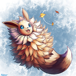 ambiguous_gender blue_eyes brown_body brown_fur fluffy fluffy_tail fur happy leaf lying on_back open_mouth paws poof solo tail white_body white_fur conditional_dnp ratte nintendo pokemon eevee generation_1_pokemon pokemon_(species) shiny_pokemon 1:1 2025 signature