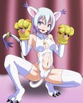 blue_eyes breasts camel_toe cat_tail clothed clothing female gloves hair handwear legwear navel nipple_outline solo thigh_highs white_hair heigani bandai_namco digimon animal_humanoid digimon_(species) gatomon humanoid 4:5