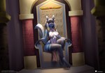 anthro blue_body blue_fur breasts chair clothing ear_piercing ear_ring egyptian female fur furniture hair hieroglyphics looking_at_viewer navel navel_piercing piercing red_eyes ring_piercing sitting solo text throne doomthewolf nintendo pokemon nubia_(vulfox) canid generation_4_pokemon lucario mammal pokemon_(species) 2023 url