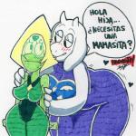 1:1 alien alien_humanoid anthro bedroom_eyes bent_over big_butt blonde_hair blush bodily_fluids boss_monster_(undertale) bovid breasts butt caprine cartoon_network clothed clothing crossover dialogue duo female female/female form_fitting fur gem_(species) green_body green_skin hair half-closed_eyes horn humanoid larger_female looking_at_another looking_back mammal narrowed_eyes nervous parasitedeath peridot_(gem_species) peridot_(steven_universe) seductive size_difference smaller_female spanish_text speech_bubble steven_universe sweat text thick_thighs toriel traditional_media_(artwork) translated undertale undertale_(series) white_body white_fur wide_hips