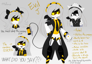 4_fingers alternate_universe black_bow black_bow_tie black_clothing bow_tie clothing dialogue dress female fingers hair long_hair machine mechanical_arm mechanical_leg mechanical_tail not_furry pigtails screen_eyes solo stripes tail text white_hair yellow_eyes megbanned glitch_productions murder_drones j_(murder_drones) disassembly_drone humanoid robot robot_humanoid tailed_humanoid english_text hi_res