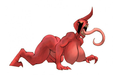 all_fours big_breasts breasts butt female hanging_breasts horn huge_breasts long_tongue narrowed_eyes nipples no_pupils not_furry nude open_mouth red_body red_butt red_face red_horn red_skin sharp_teeth simple_background solo teeth tongue tongue_out white_background bigdad demon