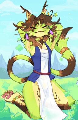 3_eyes 4_ears accessory ambiguous_gender anthro armpit_hair athletic body_hair brown_hair cat_tail clothed clothing ear_piercing ear_ring eyes_closed field green_body hair jewelry long_hair markings multi_ear multi_eye mythical nature nature_background paws piercing ring_piercing solo stripes tail sickiwbus cartoon_network mythology steven_universe lynx_(sickiwbus) alien caracal caracal_(genus) domestic_cat felid feline felis hybrid lion mammal mythological_creature mythological_feline pantherine tiger hi_res herm_(lore) maleherm_(lore) nonbinary_(lore)