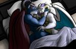 anthro anthro_on_anthro beard bed brown_hair cuddling detailed_background duo eyes_closed facial_hair furniture hair horn inside male male/male muscular muscular_male on_bed pillow purple_hair romantic romantic_couple sleeping wings bgn mythology kaidron canid canine canis demon dragon hybrid mammal mythological_creature mythological_scalie scalie wolf jacob_(disambiguation) hi_res