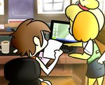 anthro bell_hair_tie beverage black_bottomwear black_clothing black_nose black_skirt blonde_hair bottomwear brown_hair chair clothed clothed_anthro clothed_female clothed_human clothed_male clothing coffee coffee_mug computer_keyboard computer_monitor desk door doorframe dress duo electronics facial_markings female female_anthro floor floppy_ears fluffy_ears fully_clothed fully_clothed_anthro fully_clothed_female fur furniture green_clothing green_topwear green_vest hair head_markings holding_object holding_paper inside light lop_ears male male_human markings mitten_hands multicolored_hair notebook office_chair orange_clothing orange_dress orange_ears orange_hair paper phone ponytail red_hair_tie shirt short_hair skirt standing sunlight table tail tan_body tan_skin topwear two_tone_hair vest wall_(structure) white_clothing white_markings white_shirt white_tail white_topwear window wood wood_floor yellow_body yellow_fur cookieboy011 animal_crossing nintendo isabelle_(animal_crossing) villager_(animal_crossing) canid canine canis domestic_dog human mammal shih_tzu toy_dog 2019 colored digital_drawing_(artwork) digital_media_(artwork) english_description shaded story story_in_description