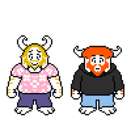 anthro barefoot beard blonde_beard blonde_facial_hair blonde_hair bottomwear clothing duo facial_hair feet hair hoodie horn male mature_anthro mature_male on_model orange_beard orange_facial_hair orange_hair pants pixelated shirt shitpost simple_background smile sprite topwear white_background white_body waluigimayar deltarune undertale_(series) asgore_dreemurr caseoh boss_monster_(undertale) bovid caprine mammal 1:1 digital_media_(artwork) hi_res meme pixel_(artwork)