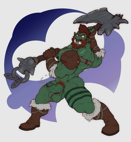 axe balls beard body_hair boots chest_hair clothed clothing ear_piercing ear_ring erection facial_hair facial_piercing fingerless_gloves footwear foreskin genitals gloves green_body green_nipples green_skin hair hairy handwear happy_trail humanoid_genitalia humanoid_penis humanoid_pointy_ears male melee_weapon muscular muscular_humanoid muscular_male muscular_thighs mustache nipple_piercing nipple_ring nipples nose_piercing nose_ring penis piercing pointy_ears pubes red_hair ring_piercing shoes solo standing topless tusks vein veiny_muscles veiny_penis warrior weapon yellow_eyes nightterror aruk humanoid orc hi_res