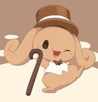 anthro blush bow_tie brown_background brown_body brown_fur cane clothed clothing floppy_ears fur hat headgear headwear holding_object looking_at_viewer lop_ears one_eye_closed simple_background smile solo top_hat topwear vest wink winking_at_viewer young young_anthro manmosu_marimo cinnamoroll sanrio espresso_(cinnamoroll) canid canine canis domestic_dog mammal