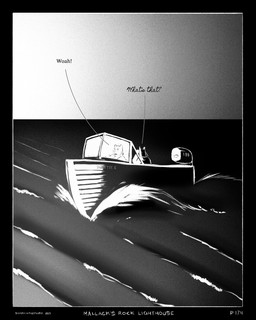 anthro black_border boat border bright_light dialogue duo male motorboat_(boat) night pipe sea text vehicle water watercraft wave windshield sharkinthepark maccaw_(sharkinthepark) macleish_(sharkinthepark) avian bird canid canine canis domestic_dog mammal owl 2025 4:5 absurd_res comic english_text greyscale hi_res monochrome