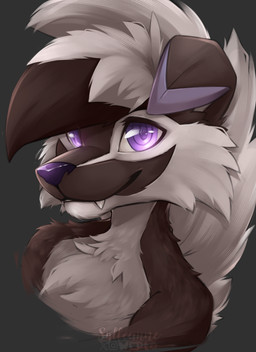 anthro cheek_tuft chest_fur chest_tuft facial_tuft floppy_ears fur glistening glistening_eyes grey_body grey_fur head_tuft male multicolored_body multicolored_fur purple_body purple_eyes purple_fur purple_nose smile smiling_at_viewer snaggle_tooth solo tuft sylfeanne nintendo pokemon dl_wolf_(dl2288) fan_character generation_7_pokemon lycanroc midnight_lycanroc pokemon_(species) absurd_res hi_res